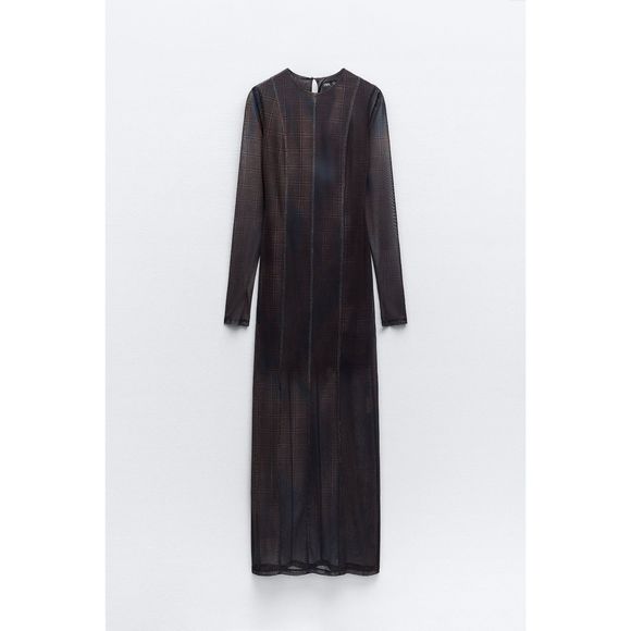 ZARA Blended Fabrics Long Sleeves printed tulle Sheer Dresses - Picture 14 of 14
